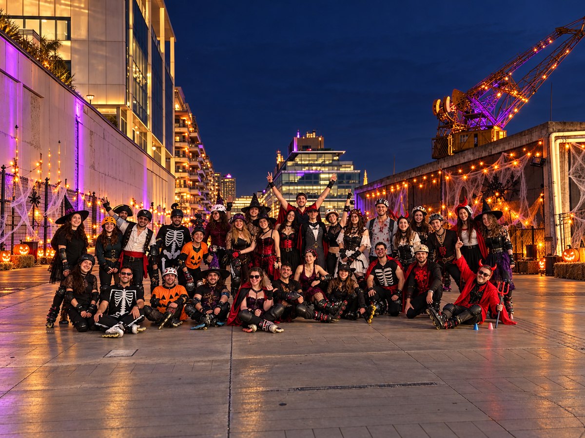 Ilustración nocturna de patinadores en Halloween por Puerto Madero